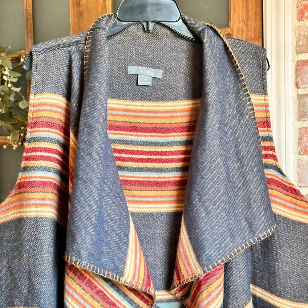 Natural Reflections Open Front Vest Women 2X Blue Southwestern Fringe Aztec Boho